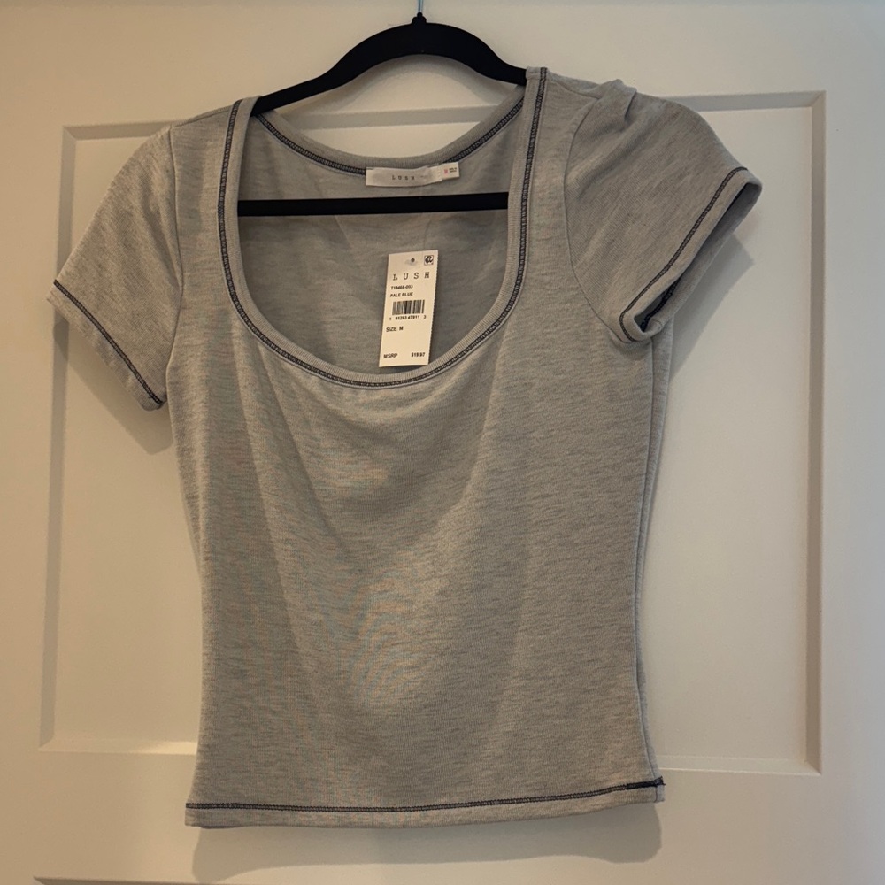 Lush Short Sleeve Square Neck Top Women’s Size Medium Grey Comfy Chic Coquette